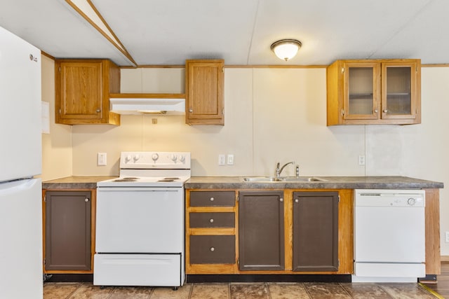 2190 Bluebank Rd, Morehead, KY 40351 - kitchen with a sink, glass insert cabinets, under cabinet range hood, white appliances, and dark countertops