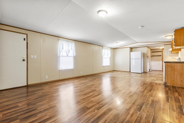 2190 Bluebank Rd, Morehead, KY 40351 - unfurnished living room featuring a sink, lofted ceiling, a textured ceiling, and wood finished floors
