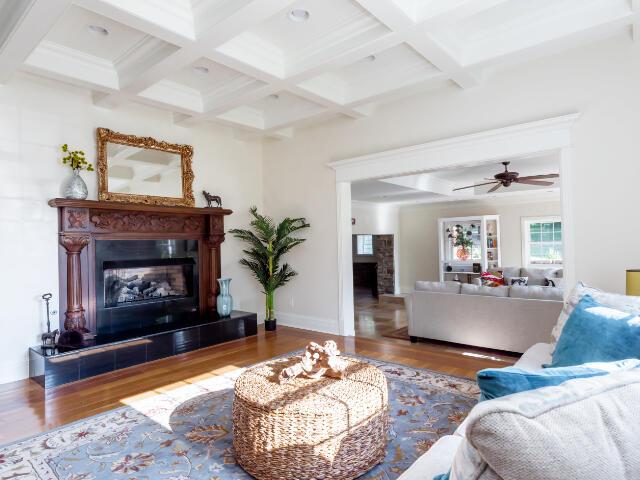 4950 Jennie Kate Ln, Lexington, KY 40510 - living room featuring beam ceiling, a tile fireplace, and coffered ceiling