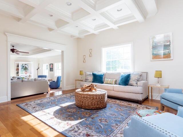 4950 Jennie Kate Ln, Lexington, KY 40510 - living area with baseboards, wood finished floors, coffered ceiling, and beamed ceiling