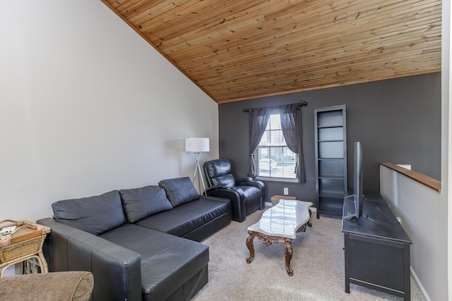 carpeted living room with wood ceiling, baseboards, and lofted ceiling