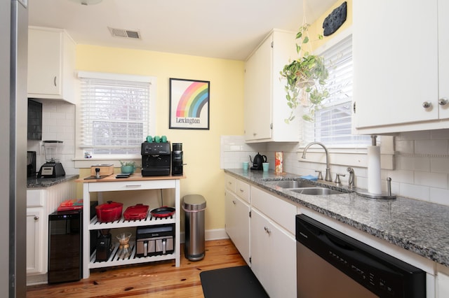 kitchen with a sink, visible vents, dishwasher, and a healthy amount of sunlight