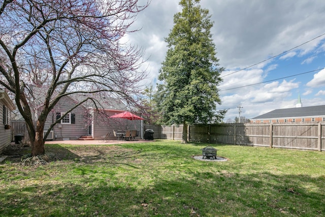 view of yard with a fenced backyard, a fire pit, entry steps, and a patio area