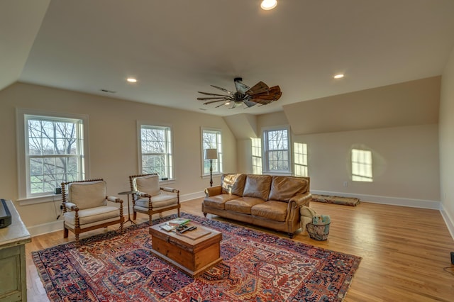 443 Hutchison Rd, Paris, KY 40361 - living area featuring vaulted ceiling, recessed lighting, baseboards, light wood finished floors, and a ceiling fan