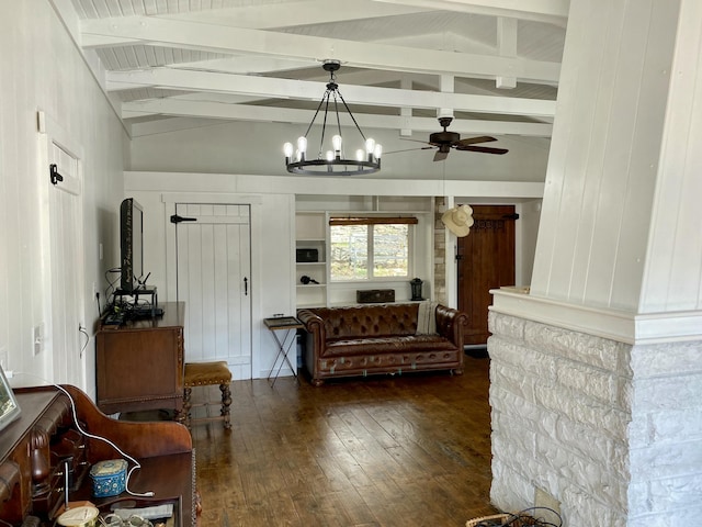 living room featuring lofted ceiling with beams, ceiling fan with notable chandelier, and dark wood finished floors