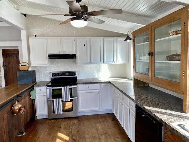 kitchen featuring double oven range, dark wood-style flooring, under cabinet range hood, dishwasher, and vaulted ceiling with beams