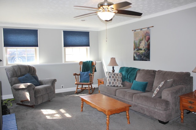 carpeted living area featuring baseboards, ceiling fan, ornamental molding, and a textured ceiling