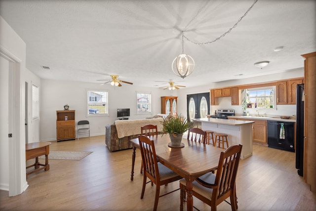 58 Mcclendon Ln, Russell Springs, KY 42642 - dining space with light wood-style floors, ceiling fan, a chandelier, baseboards, and a textured ceiling