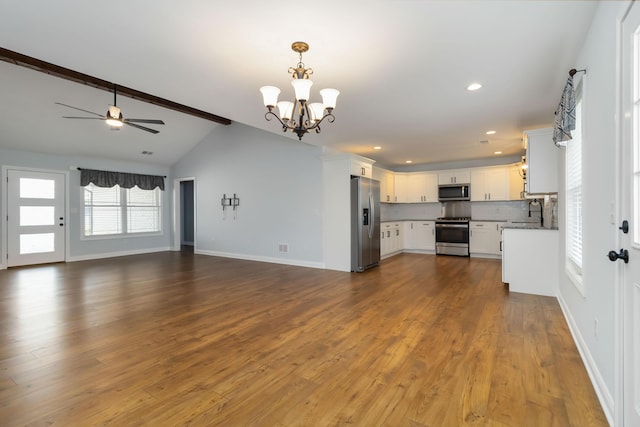 131 Patriot Trl, Berea, KY 40403 - unfurnished living room featuring a sink, ceiling fan, a chandelier, dark wood-type flooring, and recessed lighting