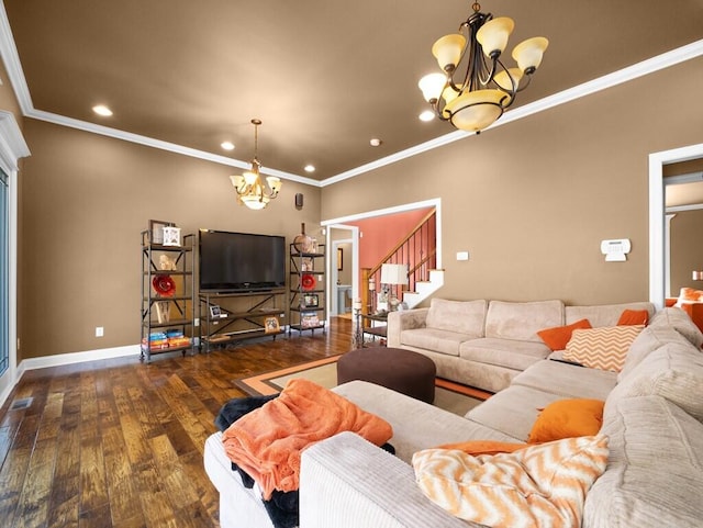 100 Mountain Enterprise Dr, Inez, KY 41224 - living area featuring baseboards, stairs, wood finished floors, recessed lighting, and a notable chandelier