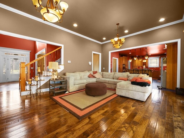100 Mountain Enterprise Dr, Inez, KY 41224 - living room with dark wood-style flooring, ornamental molding, a chandelier, and recessed lighting