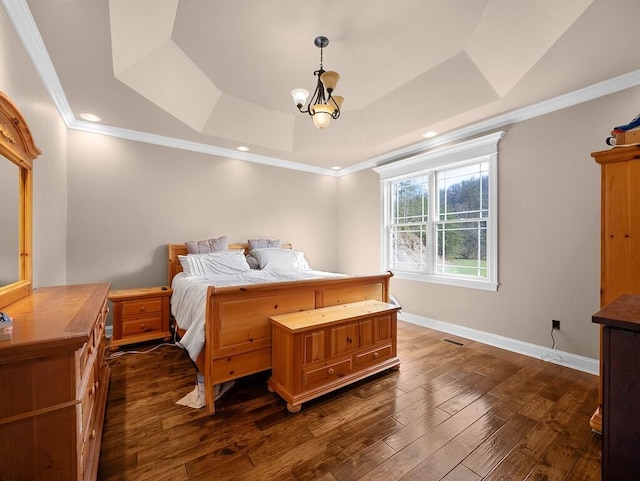 100 Mountain Enterprise Dr, Inez, KY 41224 - bedroom with dark wood-style floors, crown molding, an inviting chandelier, and a raised ceiling