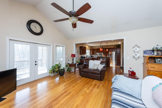 790 Thatchers Mill Rd, Paris, KY 40361 - living room featuring a ceiling fan, light wood-style flooring, plenty of natural light, and french doors