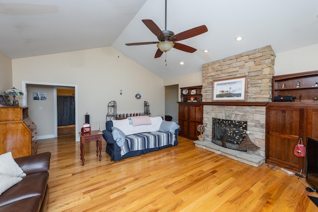 790 Thatchers Mill Rd, Paris, KY 40361 - bedroom with a fireplace, high vaulted ceiling, light wood-style flooring, and recessed lighting