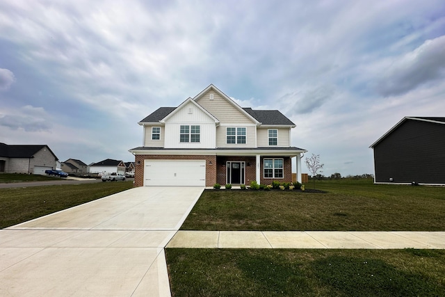 view of front of house with a front lawn, an attached garage, brick siding, and concrete driveway