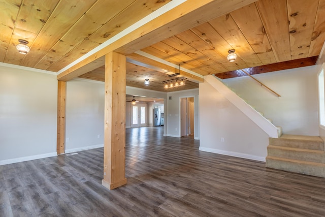 below grade area with baseboards, dark wood-style flooring, stairway, and wood ceiling