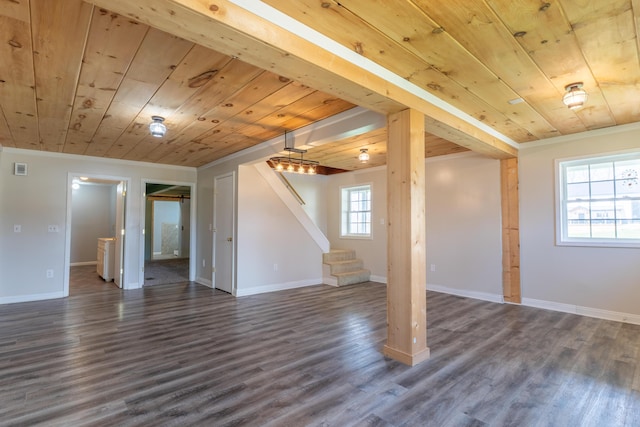 below grade area with dark wood finished floors, baseboards, wood ceiling, and stairway