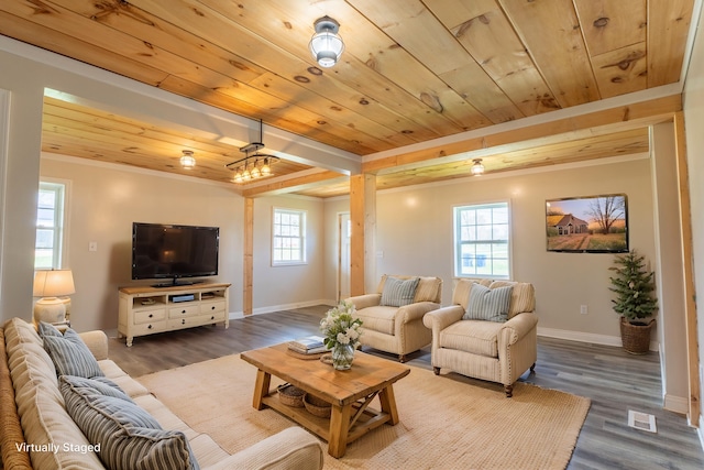 living area with wood ceiling, baseboards, visible vents, and wood finished floors