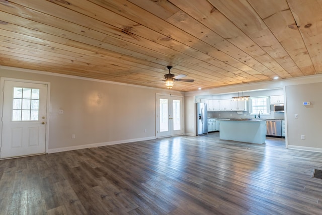 unfurnished living room featuring dark wood-style flooring, baseboards, ornamental molding, a sink, and wooden ceiling