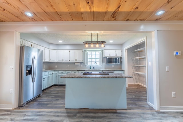 kitchen featuring a sink, white cabinetry, wood ceiling, and appliances with stainless steel finishes