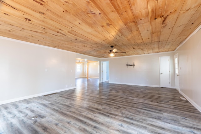 unfurnished room featuring crown molding, wooden ceiling, a ceiling fan, wood finished floors, and baseboards