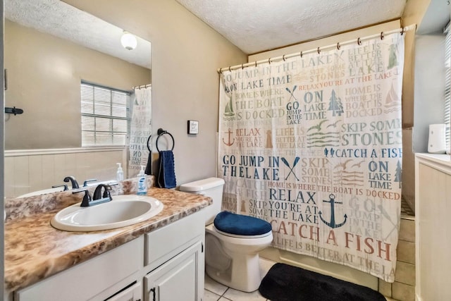 675 Indian Cave Subdivision Rd, Monticello, KY 42633 - bathroom featuring a textured ceiling, vanity, toilet, tile patterned floors, and curtained shower