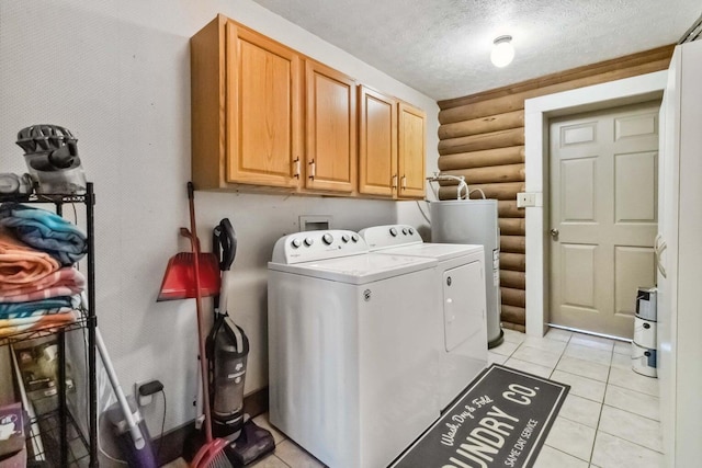 675 Indian Cave Subdivision Rd, Monticello, KY 42633 - laundry room with log walls, separate washer and dryer, cabinet space, water heater, and light tile patterned flooring