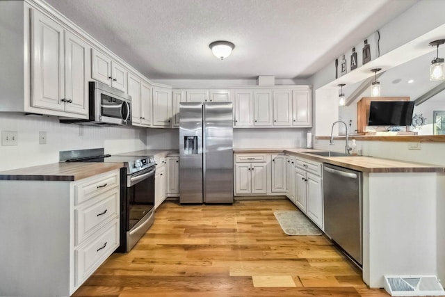 675 Indian Cave Subdivision Rd, Monticello, KY 42633 - kitchen featuring stainless steel appliances, a sink, wood counters, a peninsula, and light wood-type flooring