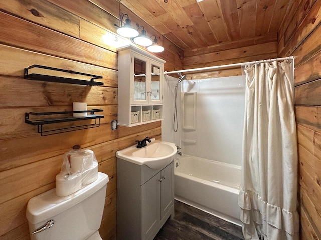 247 Mt Sterling Ave, Flemingsburg, KY 41041 - bathroom featuring toilet, wooden ceiling, vanity, shower / bath combo, and wooden walls