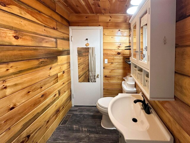 247 Mt Sterling Ave, Flemingsburg, KY 41041 - bathroom with toilet, wooden ceiling, a sink, wooden walls, and visible vents