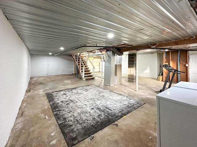 247 Mt Sterling Ave, Flemingsburg, KY 41041 - unfinished basement featuring concrete block wall, independent washer and dryer, and stairway