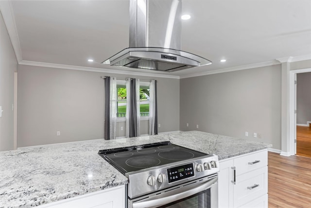 kitchen featuring stainless steel range with electric cooktop, extractor fan, ornamental molding, light wood-style flooring, and light stone countertops