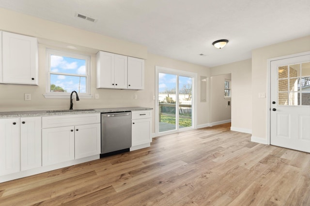 80 Westview Dr, Stanton, KY 40380 - kitchen featuring light wood-style flooring, white cabinets, visible vents, stainless steel dishwasher, and a sink