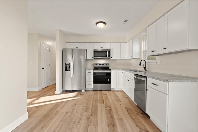 80 Westview Dr, Stanton, KY 40380 - kitchen with light wood-type flooring, white cabinetry, a sink, stainless steel appliances, and baseboards
