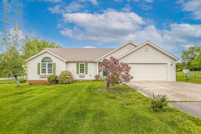 256 Sutton Ln, Lancaster, KY 40444 - ranch-style home featuring concrete driveway, a garage, a front yard, and a shingled roof
