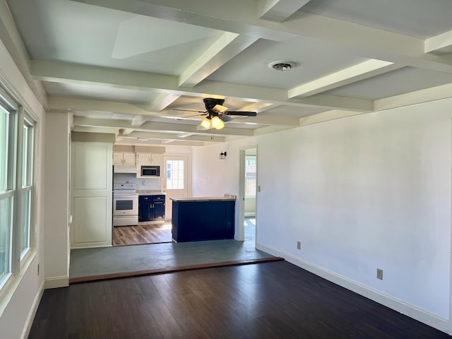 unfurnished living room with dark wood finished floors, baseboards, visible vents, coffered ceiling, and beamed ceiling