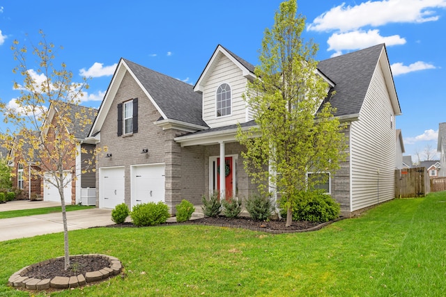 traditional-style home featuring driveway, an attached garage, a front lawn, brick siding, and fence