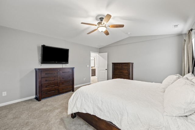 bedroom featuring visible vents, baseboards, carpet, and vaulted ceiling