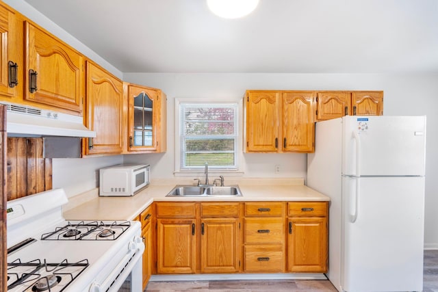 2429 Mirahill Dr, Lexington, KY 40509 - kitchen with white appliances, glass insert cabinets, under cabinet range hood, light countertops, and a sink