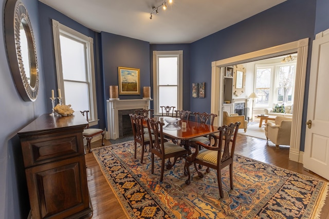 261 N Broadway, Lexington, KY 40507 - dining area with a fireplace with flush hearth, wood finished floors, and rail lighting