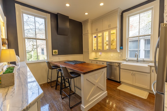 261 N Broadway, Lexington, KY 40507 - kitchen with appliances with stainless steel finishes, a sink, a wainscoted wall, butcher block counters, and white cabinetry