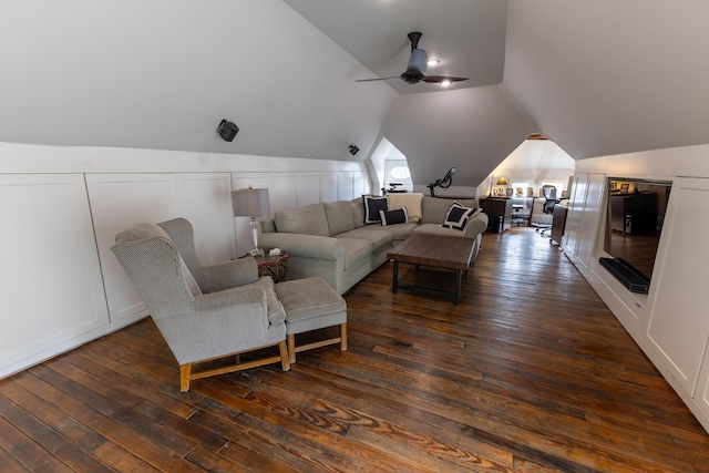 261 N Broadway, Lexington, KY 40507 - living room featuring vaulted ceiling, dark wood-style floors, a ceiling fan, and a decorative wall