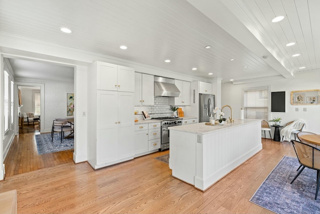 kitchen with wall chimney exhaust hood, white cabinets, light wood-style flooring, and stainless steel appliances