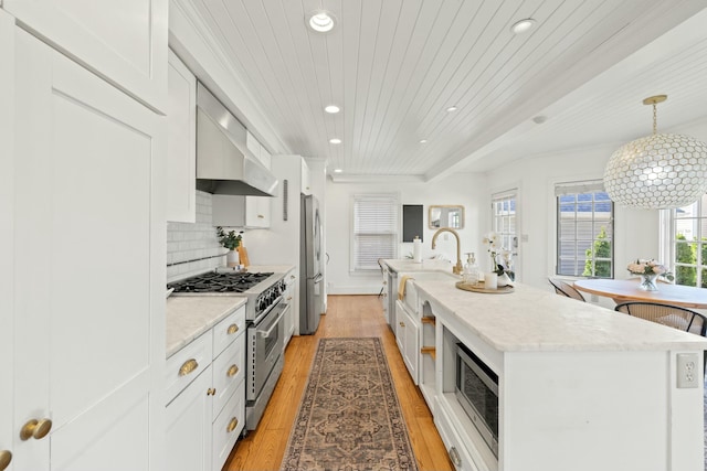 kitchen featuring light wood finished floors, stainless steel appliances, a kitchen island with sink, white cabinets, and decorative backsplash