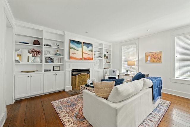 living area featuring baseboards, a fireplace, ornamental molding, and dark wood-type flooring