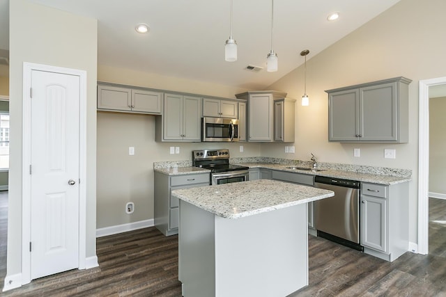 160 Bueno Xing, Georgetown, KY 40324 - kitchen featuring appliances with stainless steel finishes, gray cabinetry, dark wood-style flooring, lofted ceiling, and recessed lighting