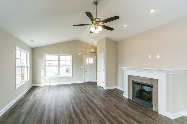 160 Bueno Xing, Georgetown, KY 40324 - unfurnished living room featuring lofted ceiling, dark wood finished floors, ceiling fan, a fireplace, and baseboards