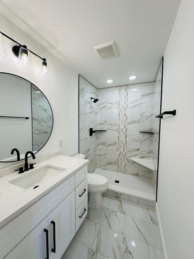 217 Dogwood Ln, Somerset, KY 42503 - bathroom with visible vents, marble finish floor, toilet, vanity, and tiled shower