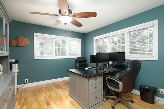 office space featuring light wood-style flooring, ceiling fan, and baseboards