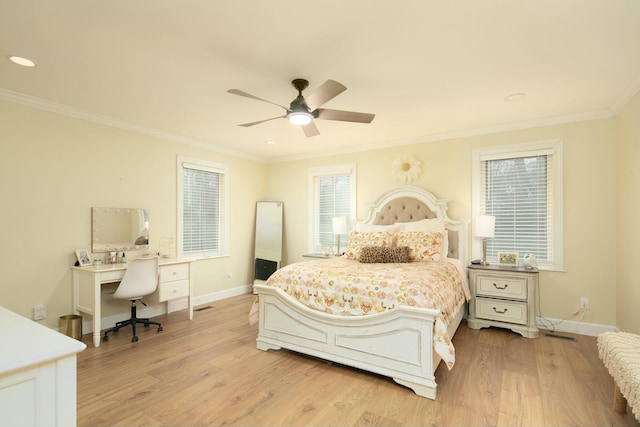 bedroom with ornamental molding, baseboards, and light wood-type flooring